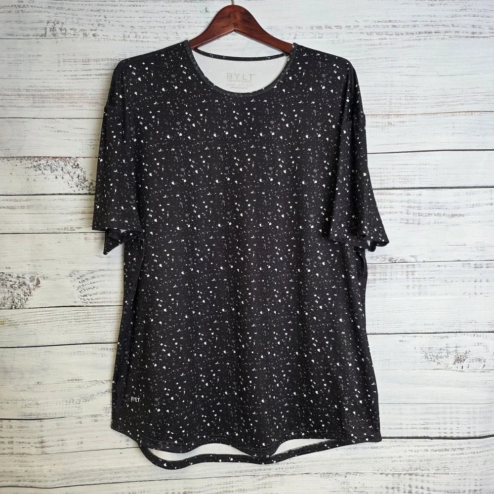 BYLT Shirt Mens XXL Black Whire Dots Drop Cut Performance Tee Athletic Modern - Picture 2 of 10